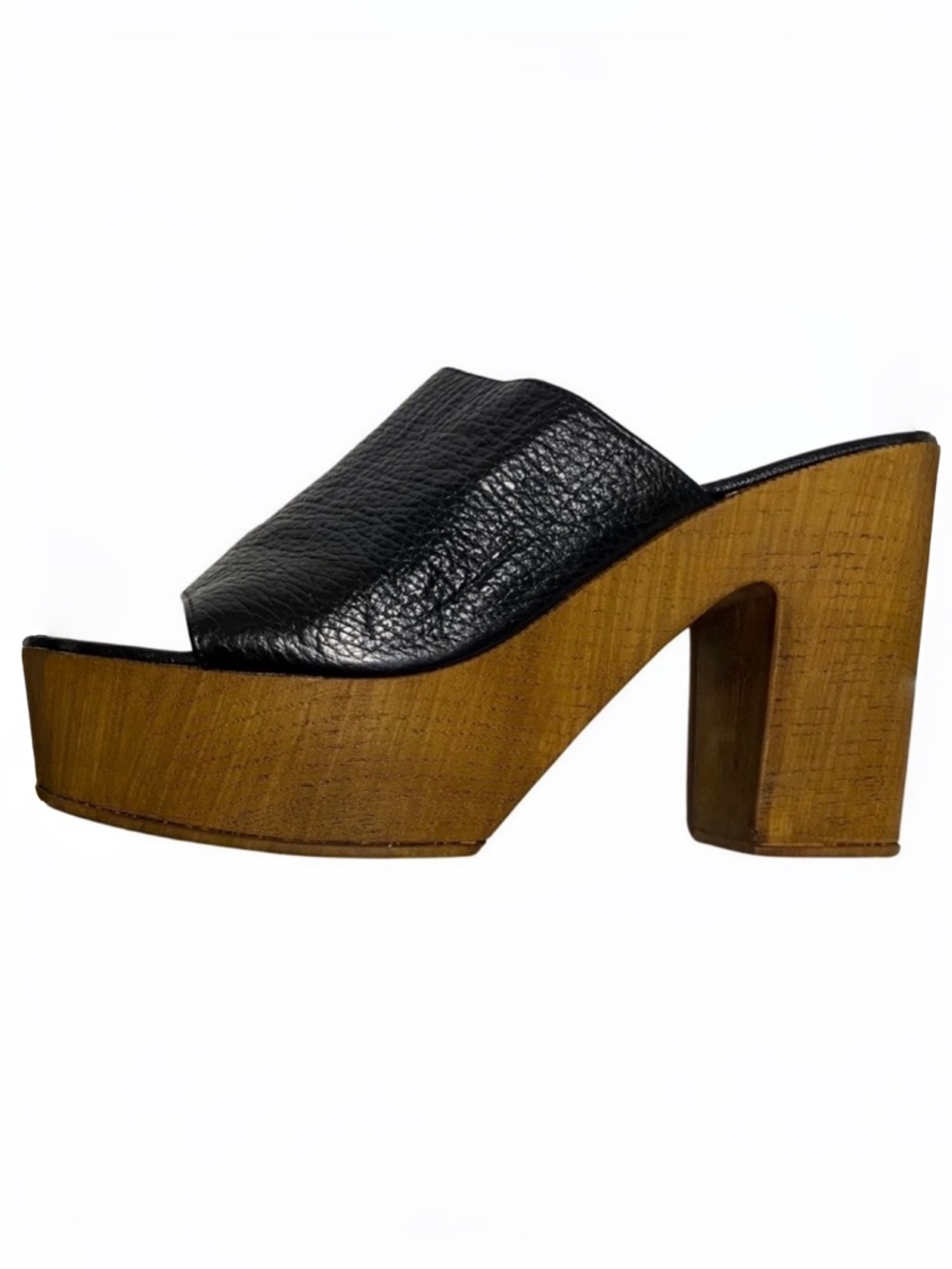 Christian Di Riccio Platform Slides, Wooden Soles, Black Leather Upper